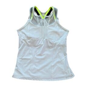 Lucky in Love Women's Tennis Top Double Cross Cami White Neon Yellow Navy Large